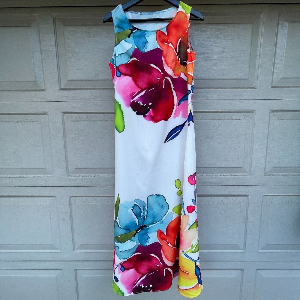 Watercolor Floral Maxi Dress Romantic Garden Party Summer Sleeveless M 53.5”